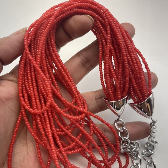 Vintage & Modern Small Seed Bead Necklace Red Multi Layered Chain B#8 - Picture 8 of 10
